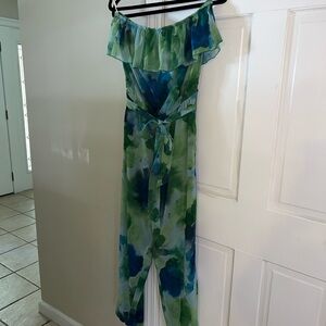 Sweet Pea Blue and Green Off-Shoulder Jumpsuit